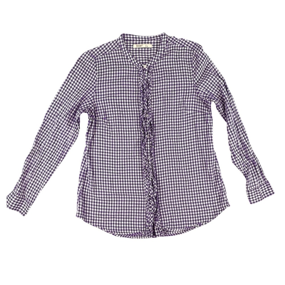 Old Navy Purple Gingham Ruffle Button Down Blouse Long Sleeve Cotton Medium